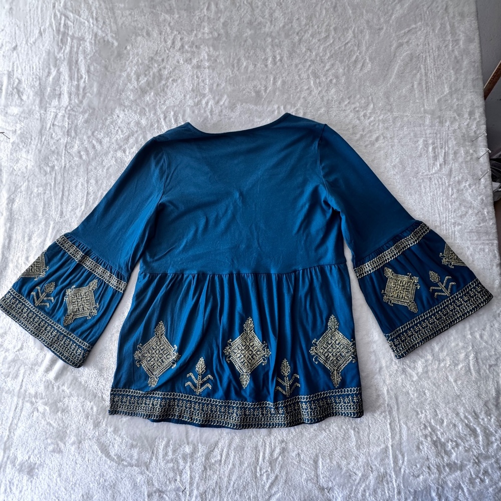 Soft Surrounding Relax Top Turquoise Gold Embroidered Entertaining - Picture 3 of 11